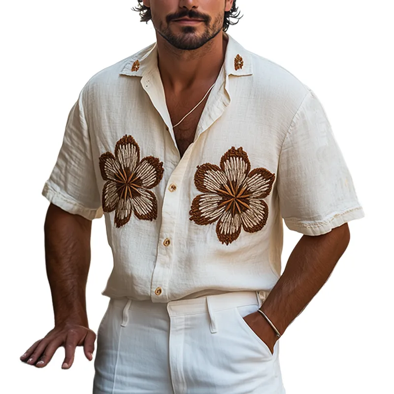 Men's Spring And Summer Casual Sicily Style Flower Three-dimensional Towel Embroidered Cotton And Linen Short-sleeved Shirt MTA1096F1K sold by Manly