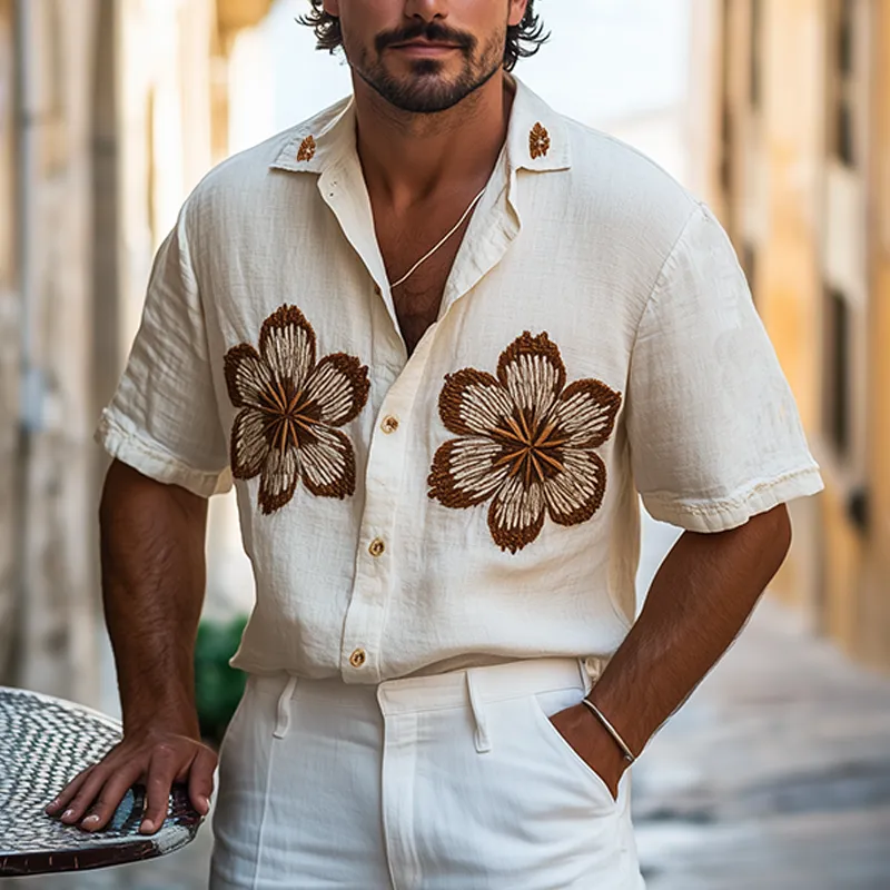 Men's Spring And Summer Casual Sicily Style Flower Three-dimensional Towel Embroidered Cotton And Linen Short-sleeved Shirt MTA1096F1K sold by Manly product image thumbnail 3