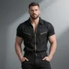 Men's Denim Lapel Zipper Chest Pocket Short Sleeve Cargo Shirt  MTA0926F3Z sold by Manly