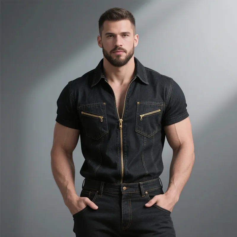 Men's Denim Lapel Zipper Chest Pocket Short Sleeve Cargo Shirt MTA0926F3Z sold by Manly product image thumbnail 3