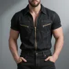 Men's Denim Lapel Zipper Chest Pocket Short Sleeve Cargo Shirt  MTA0926F3Z sold by Manly