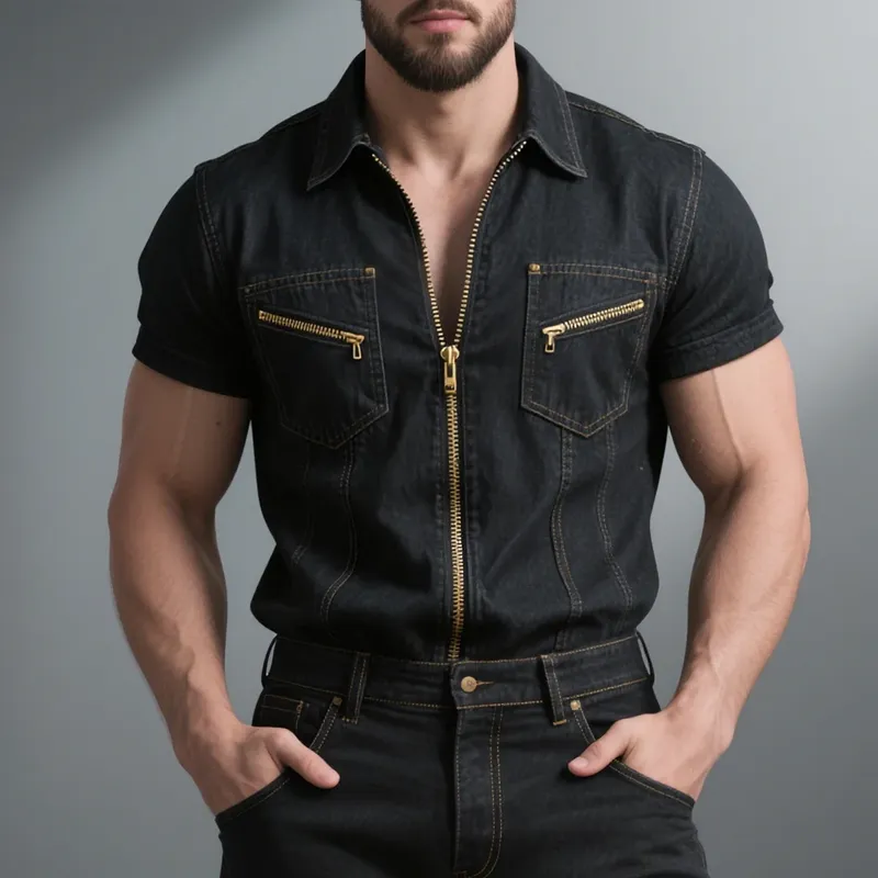 Men's Denim Lapel Zipper Chest Pocket Short Sleeve Cargo Shirt MTA0926F3Z sold by Manly product image thumbnail 2