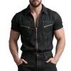 Men's Denim Lapel Zipper Chest Pocket Short Sleeve Cargo Shirt  MTA0926F3Z sold by Manly