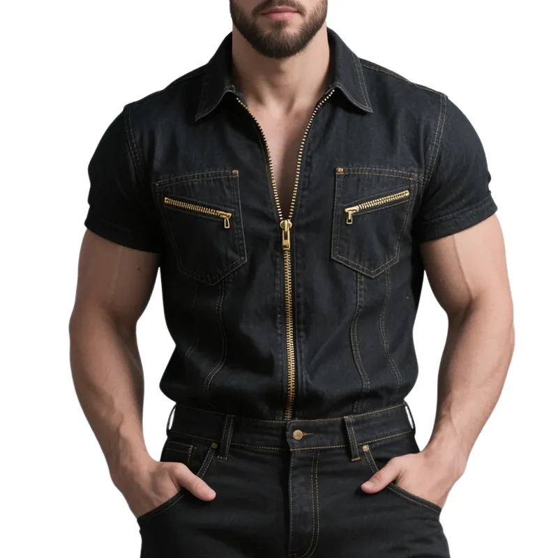 Men's Denim Lapel Zipper Chest Pocket Short Sleeve Cargo Shirt MTA0926F3Z sold by Manly
