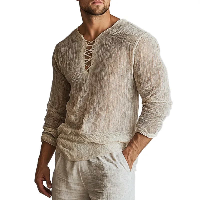 Men's Semi-sheer Pleated Lace-up Collar Long Sleeve Shirt MTA0908F1Z sold by Manly