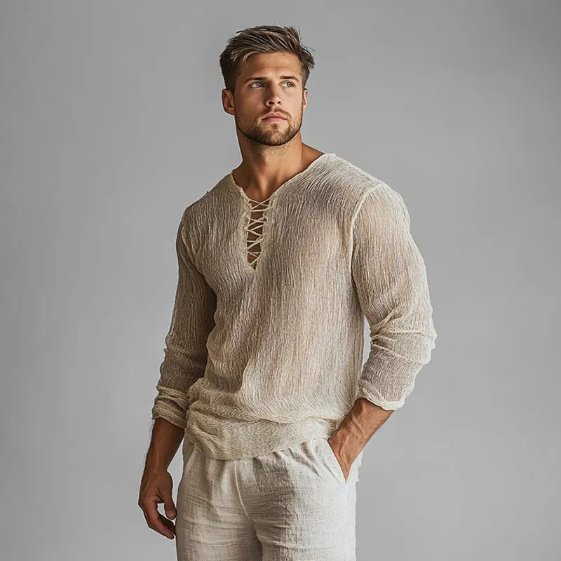 Men's Semi-sheer Pleated Lace-up Collar Long Sleeve Shirt MTA0908F1Z sold by Manly product image thumbnail 3