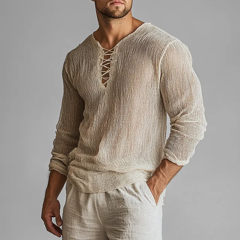 Men's Semi-sheer Pleated Lace-up Collar Long Sleeve Shirt MTA0908F1Z sold by Manly product image thumbnail 2