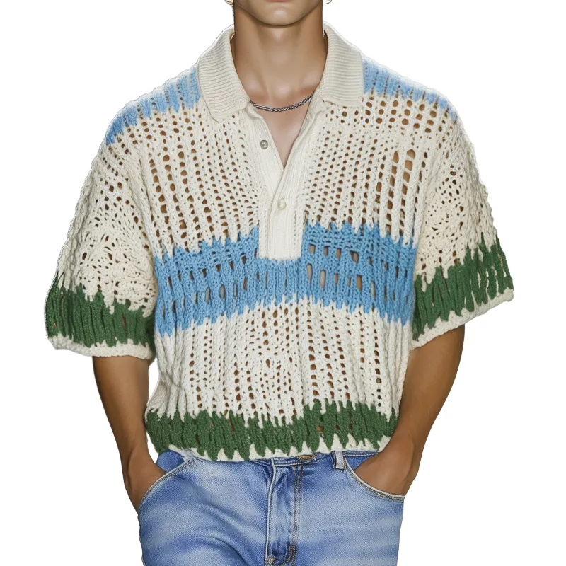 Men's Casual Contrast Striped Lapel Loose Short-sleeved Knitted Polo Shirt MTA1038F9M sold by Manly
