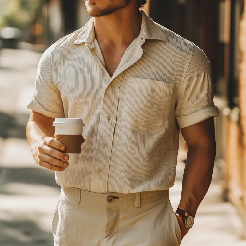 Men's Casual Cotton Blended Stripe Lapel Patch Pocket Loose Short Sleeve Shirt MTA1042F0M sold by Manly product image thumbnail 2