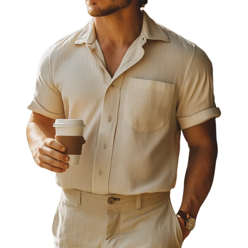 Men's Casual Cotton Blended Stripe Lapel Patch Pocket Loose Short Sleeve Shirt MTA1042F0M sold by Manly