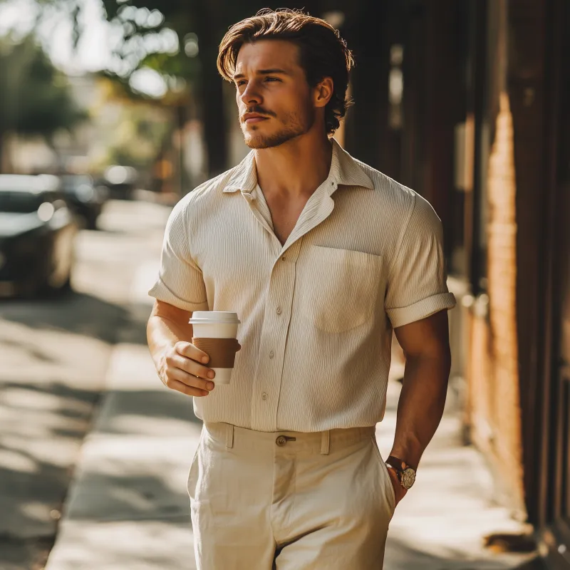 Men's Casual Cotton Blended Stripe Lapel Patch Pocket Loose Short Sleeve Shirt MTA1042F0M sold by Manly product image thumbnail 3