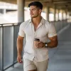 Men's Casual Cotton Blended Stripe Lapel Slim Fit Short Sleeve Shirt MTA1078F1M sold by Manly