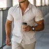 Men's Casual Cotton Blended Stripe Lapel Slim Fit Short Sleeve Shirt MTA1078F1M sold by Manly