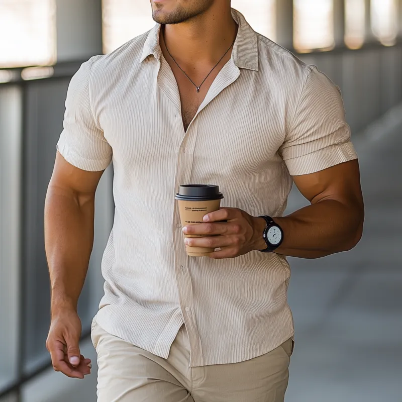 Men's Casual Cotton Blended Stripe Lapel Slim Fit Short Sleeve Shirt MTA1078F1M sold by Manly product image thumbnail 2