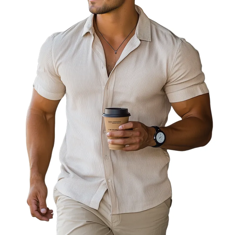 Men's Casual Cotton Blended Stripe Lapel Slim Fit Short Sleeve Shirt MTA1078F1M sold by Manly