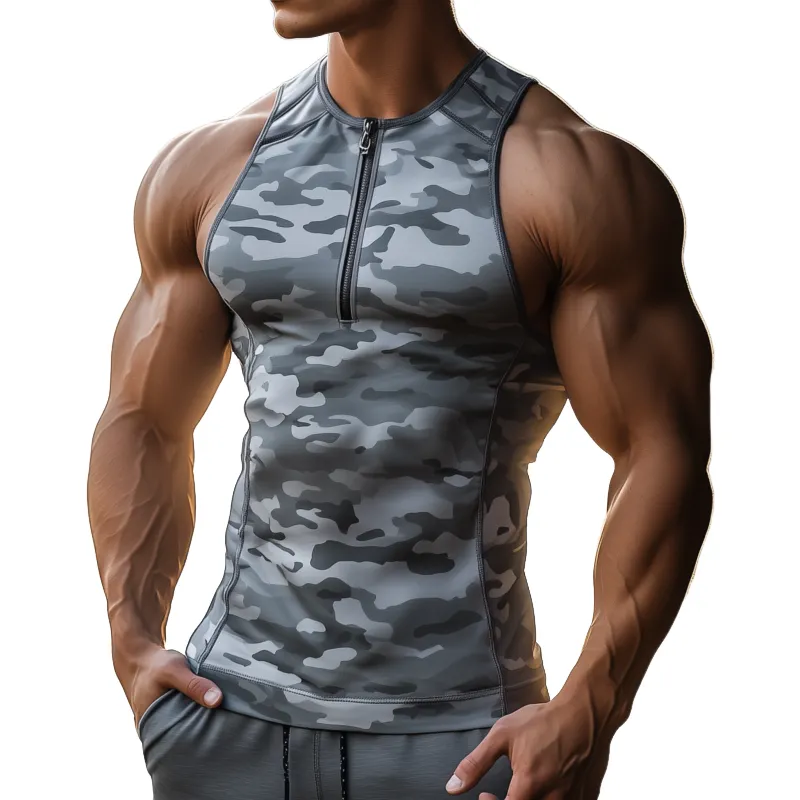 Men's Casual Quick-drying Camouflage Patchwork Zipper Collar Slim Sports Tank Top MTA1005F4M sold by Manly