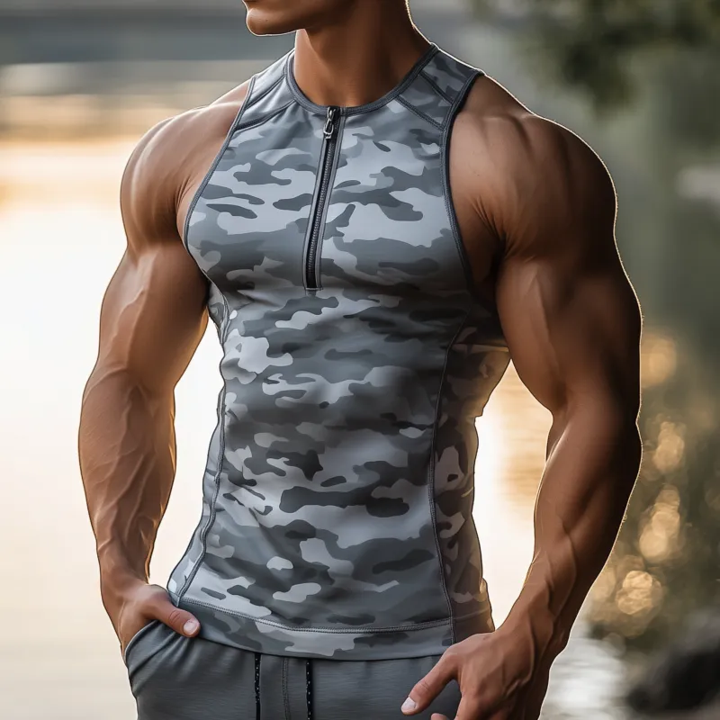Men's Casual Quick-drying Camouflage Patchwork Zipper Collar Slim Sports Tank Top MTA1005F4M sold by Manly product image thumbnail 2