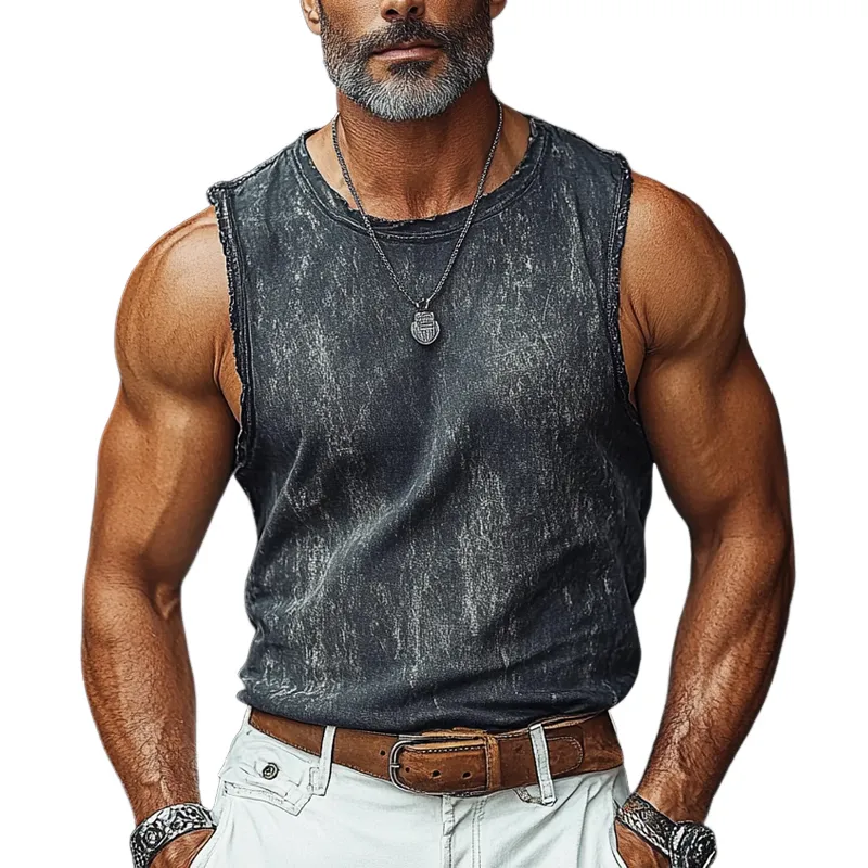 Men's Vintage Crew Neck Printed Raw Edge Sleeveless Tank Tops MTA1056F1X sold by Manly
