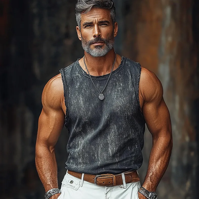 Men's Vintage Crew Neck Printed Raw Edge Sleeveless Tank Tops MTA1056F1X sold by Manly product image thumbnail 3