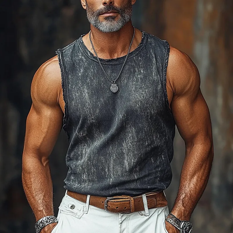 Men's Vintage Crew Neck Printed Raw Edge Sleeveless Tank Tops MTA1056F1X sold by Manly product image thumbnail 2