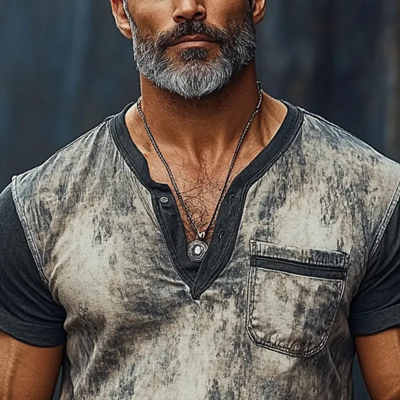 Men's Contrast Vintage Print Short Sleeve Henley T-Shirt MTA1010F4X sold by Manly product image thumbnail 3