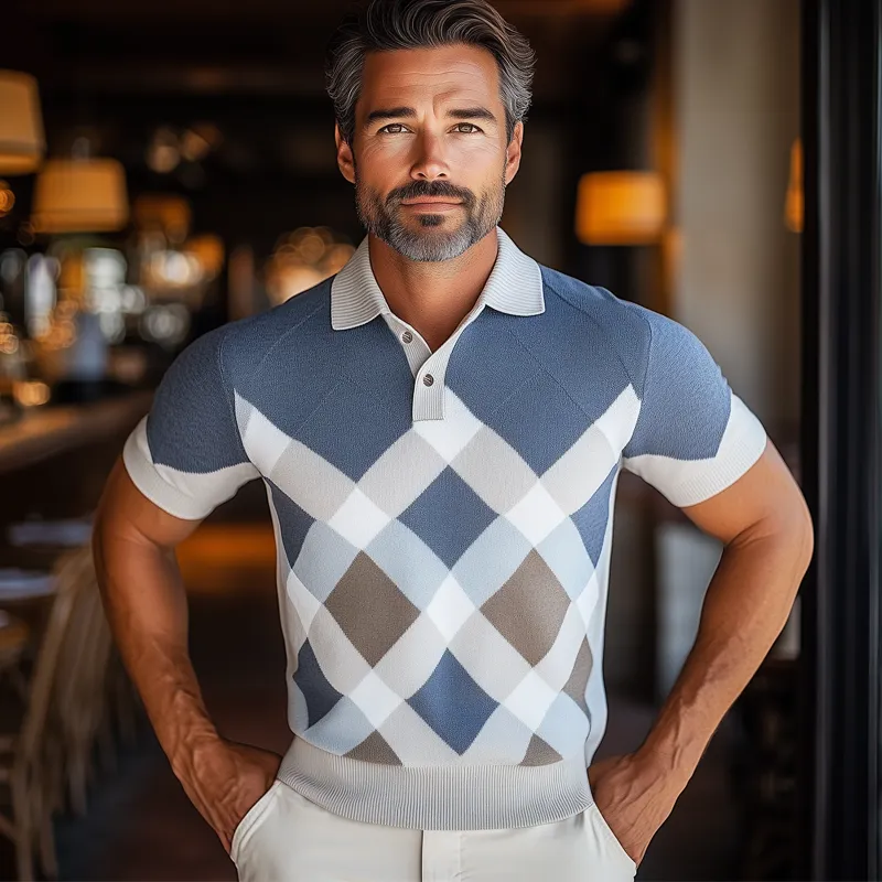 Men's Summer Business Diamond Colorblock Knitted Short-sleeved T-shirt MTA1081F3U sold by Manly product image thumbnail 3