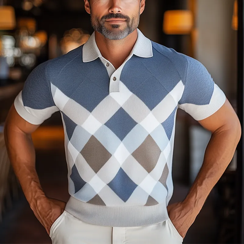 Men's Summer Business Diamond Colorblock Knitted Short-sleeved T-shirt MTA1081F3U sold by Manly product image thumbnail 2