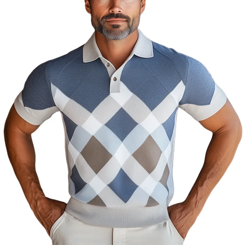 Men's Summer Business Diamond Colorblock Knitted Short-sleeved T-shirt MTA1081F3U sold by Manly