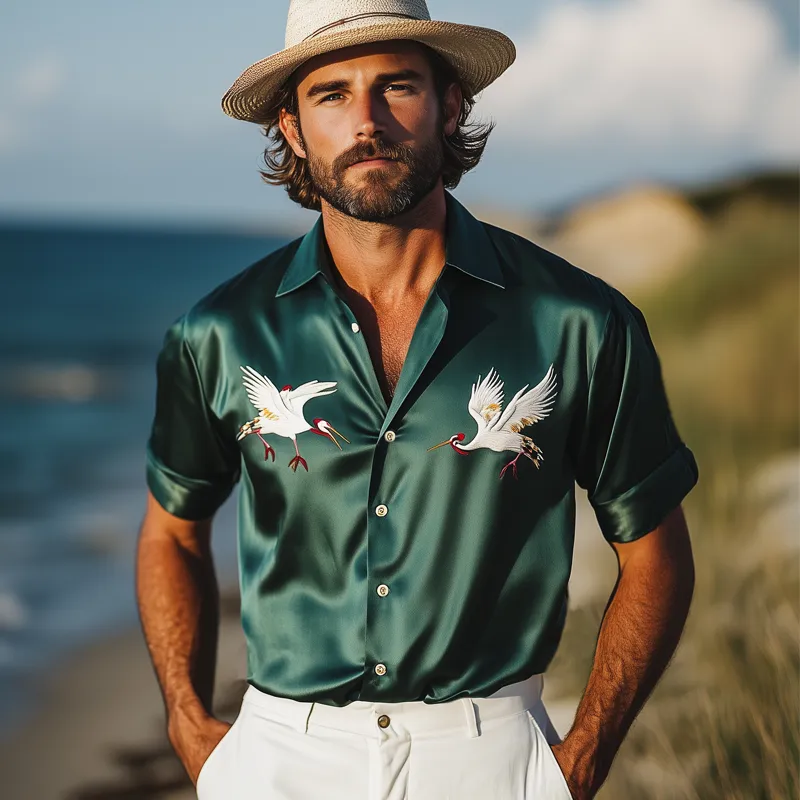 Men's Summer Luxury Satin Embroidered Short Sleeve Shirt MTA1083F3U sold by Manly product image thumbnail 3