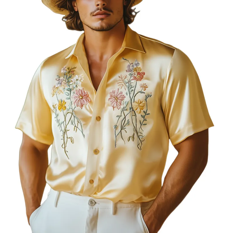 Men's Summer Luxury Satin Embroidered Short Sleeve Shirt MTA1019F3U sold by Manly