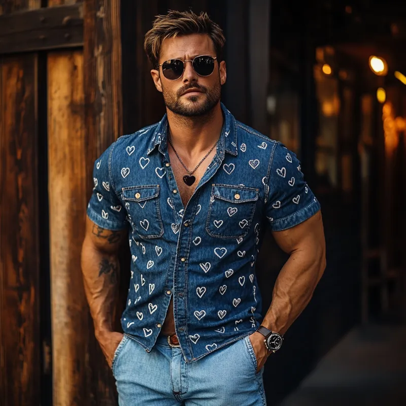 Men's Heart Print Denim Washed Short Sleeve Shirt MTA0984F6Y sold by Manly product image thumbnail 3