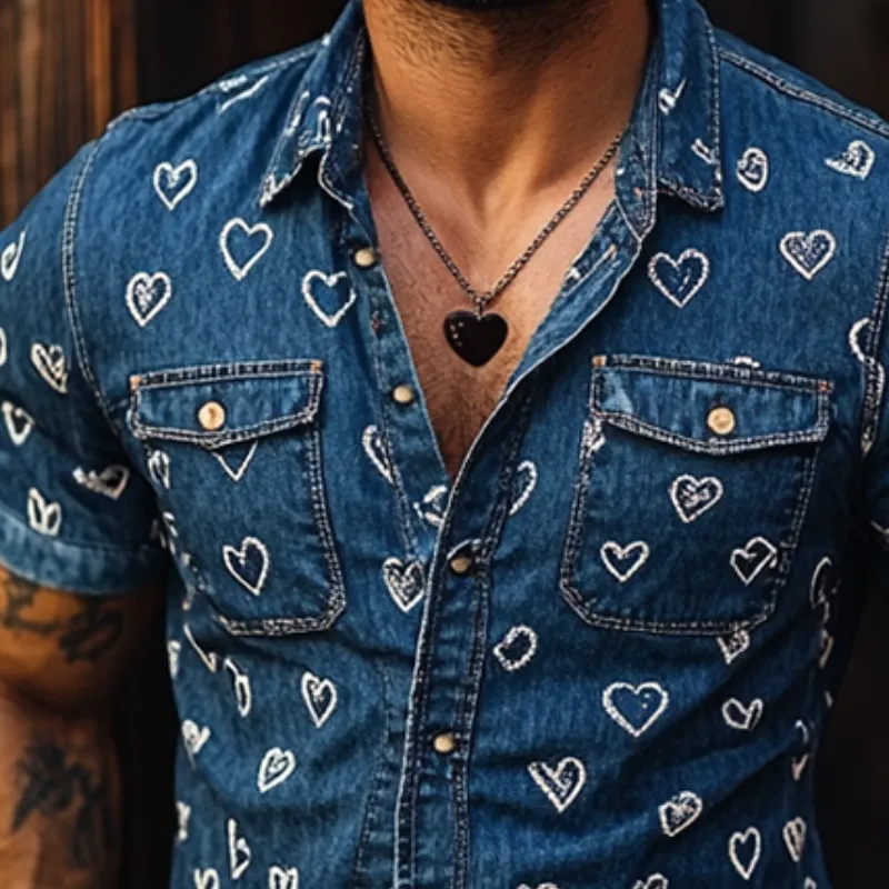 Men's Heart Print Denim Washed Short Sleeve Shirt MTA0984F6Y sold by Manly product image thumbnail 2
