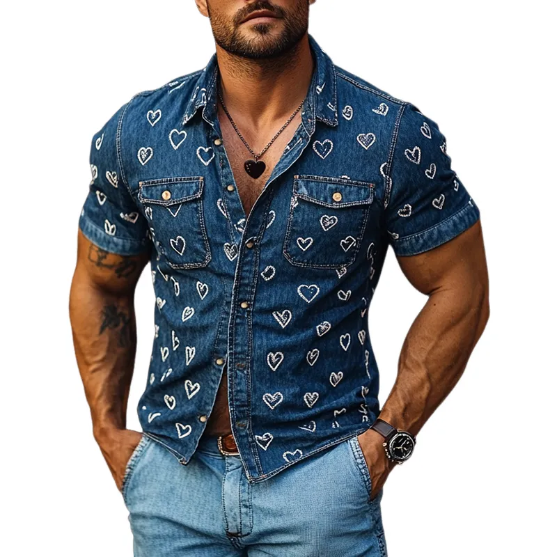 Men's Heart Print Denim Washed Short Sleeve Shirt MTA0984F6Y sold by Manly
