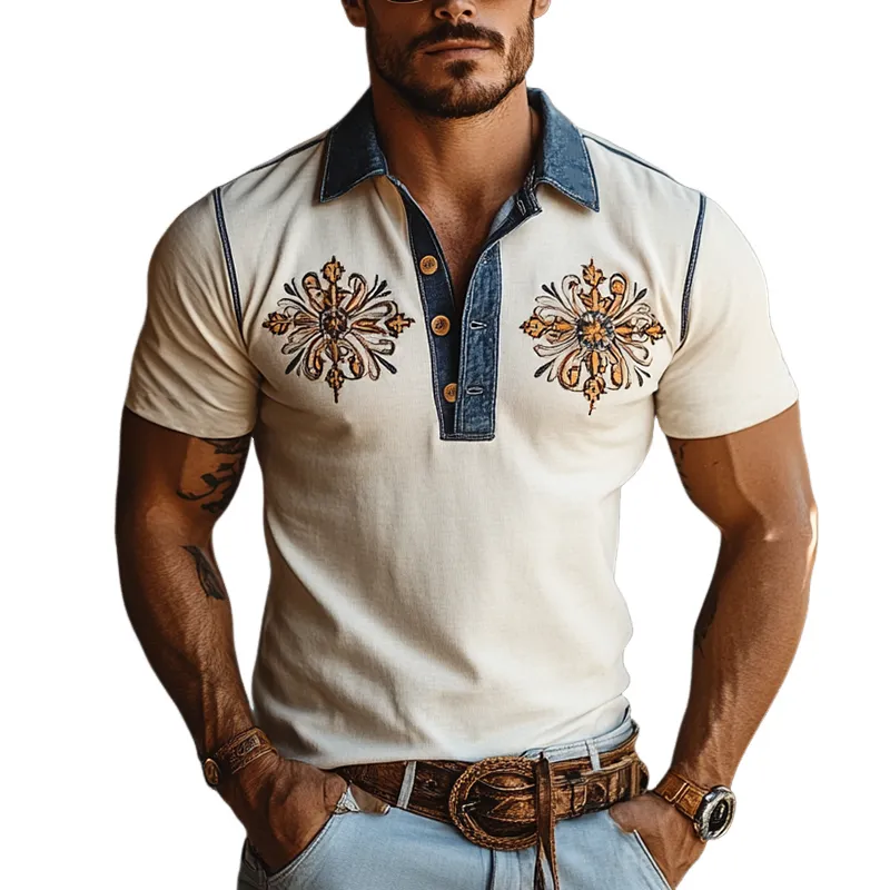 Men's Western Style Embroidered Stitching Imitation Denim Slim Fit Short Sleeve Polo Shirt MTA0961F2Y sold by Manly