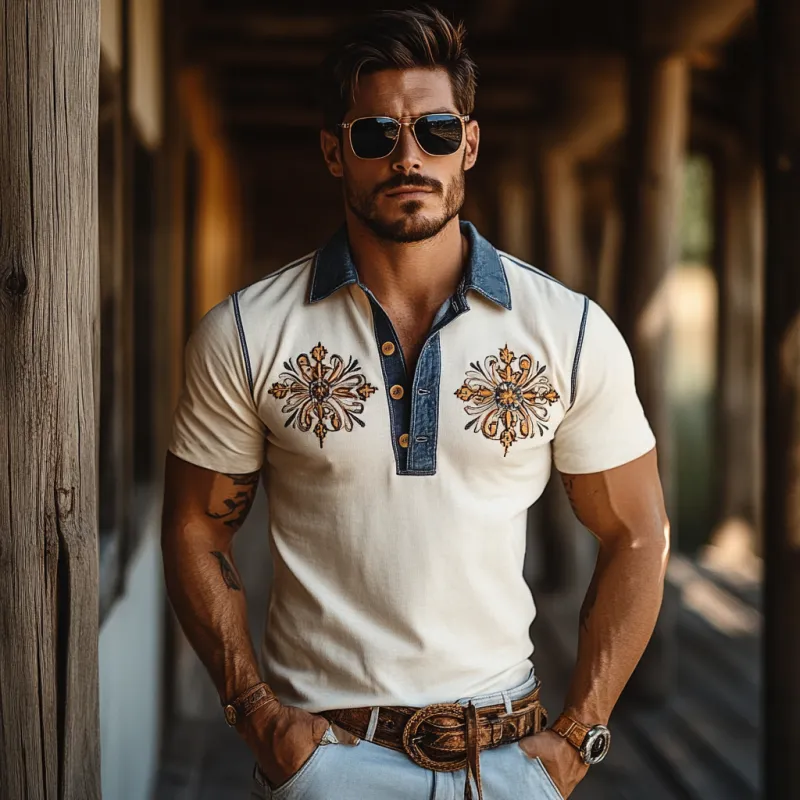Men's Western Style Embroidered Stitching Imitation Denim Slim Fit Short Sleeve Polo Shirt MTA0961F2Y sold by Manly product image thumbnail 3