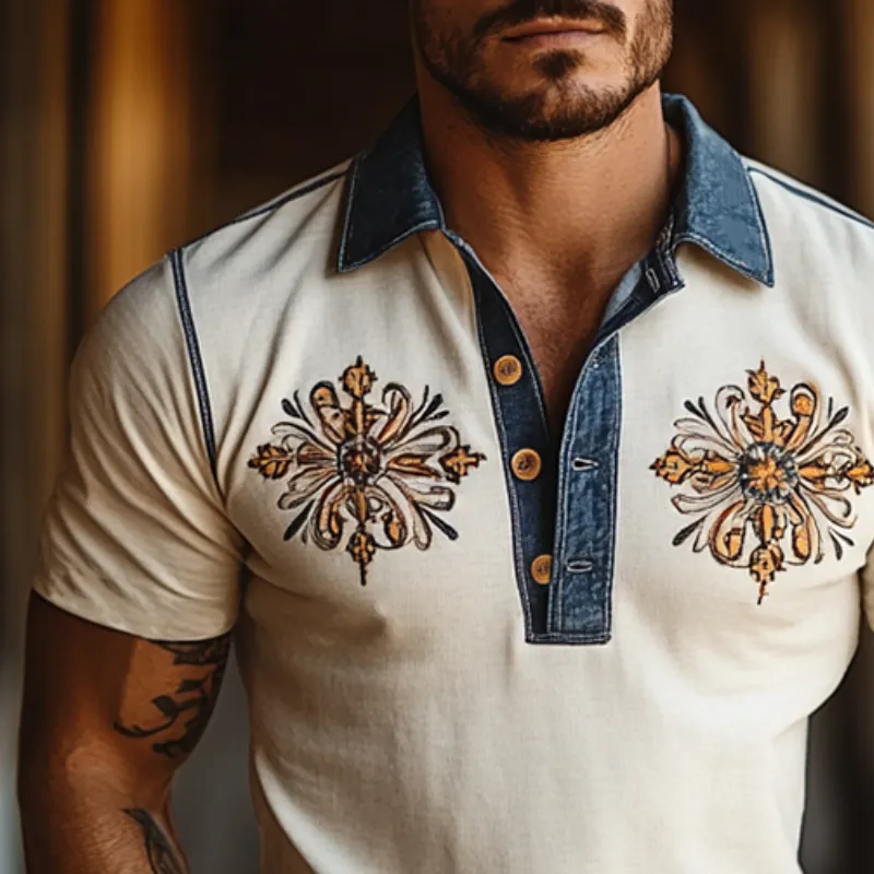 Men's Western Style Embroidered Stitching Imitation Denim Slim Fit Short Sleeve Polo Shirt MTA0961F2Y sold by Manly product image thumbnail 2