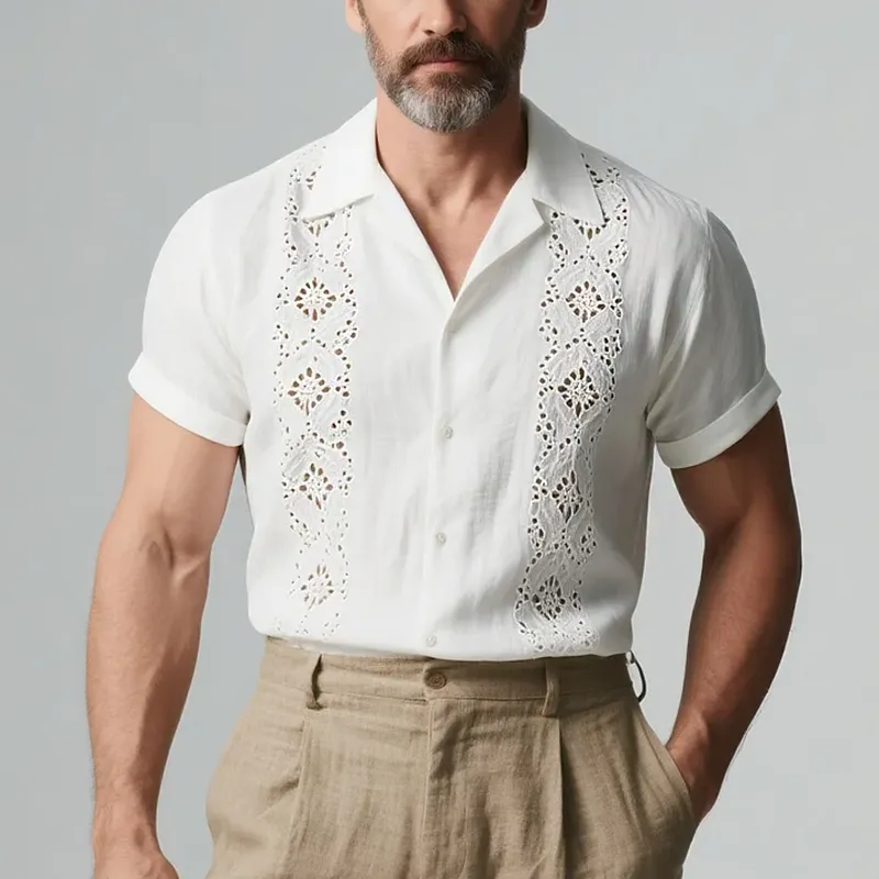 Men's Casual Hollow Decoration Cuban Collar Short Sleeve Shirt MTA0991F7Y sold by Manly product image thumbnail 3