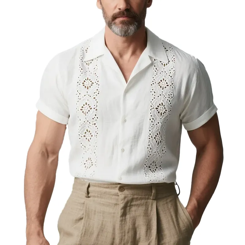 Men's Casual Hollow Decoration Cuban Collar Short Sleeve Shirt MTA0991F7Y sold by Manly