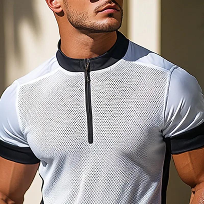 Men's Mesh Colorblock Zipper Stand Collar Sports Golf Polo Shirt MTA0922F1Y sold by Manly product image thumbnail 2