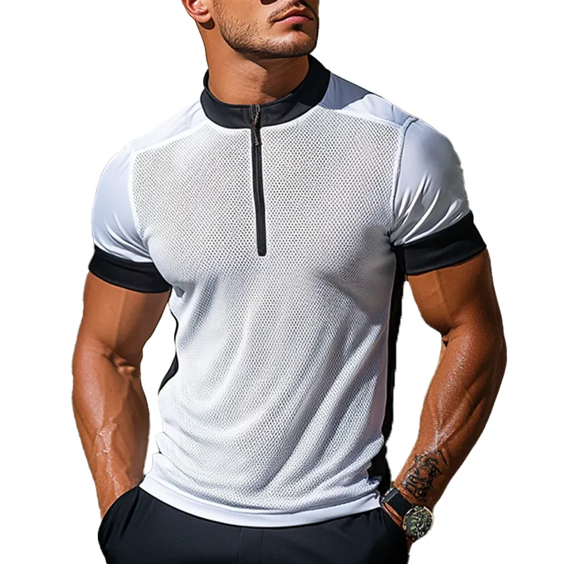 Men's Mesh Colorblock Zipper Stand Collar Sports Golf Polo Shirt MTA0922F1Y sold by Manly