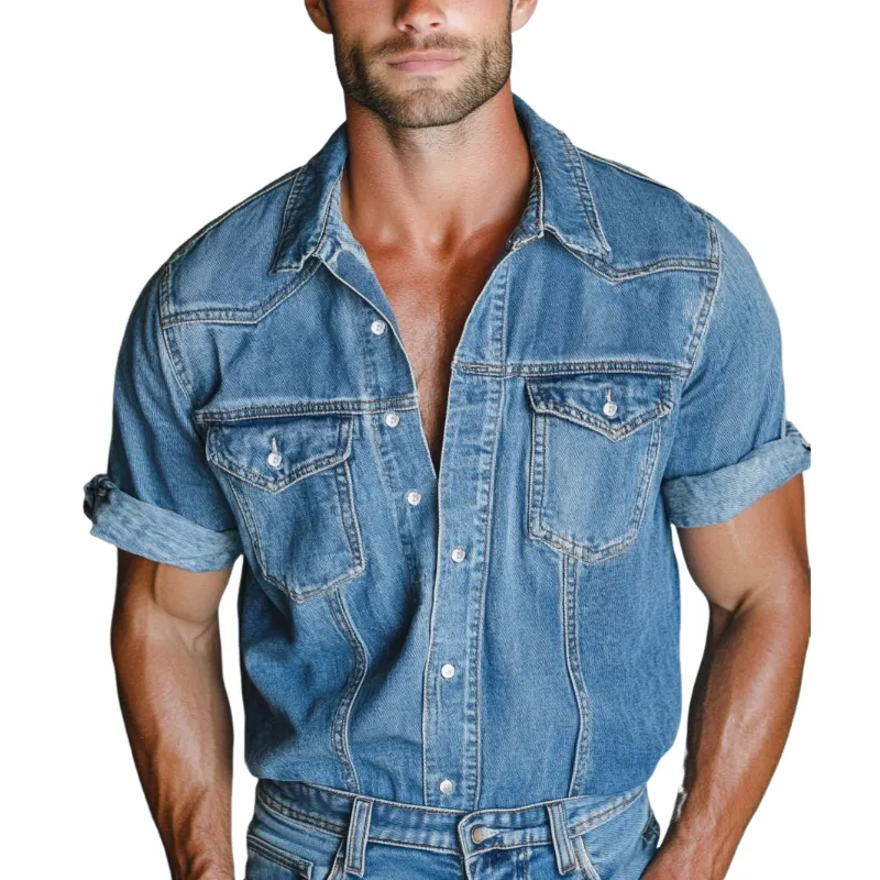 Men's Fashion Lapel Double Chest Pocket Short Sleeve Shirt MTA0723F3Y sold by Manly