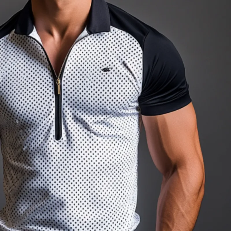 Men's Polka Dot Print Colorblock Embroidery Zipper Golf Polo Shirt MTA0949F8Y sold by Manly product image thumbnail 2