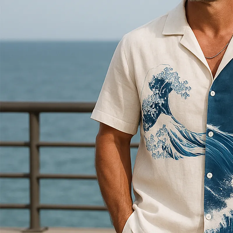 Men's Summer Fashion Wave Printed Cotton And Linen Short Sleeve Shirt MTA1062F7P sold by Manly product image thumbnail 3