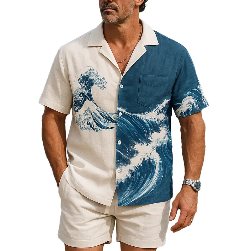 Men's Summer Fashion Wave Printed Cotton And Linen Short Sleeve Shirt MTA1062F7P sold by Manly