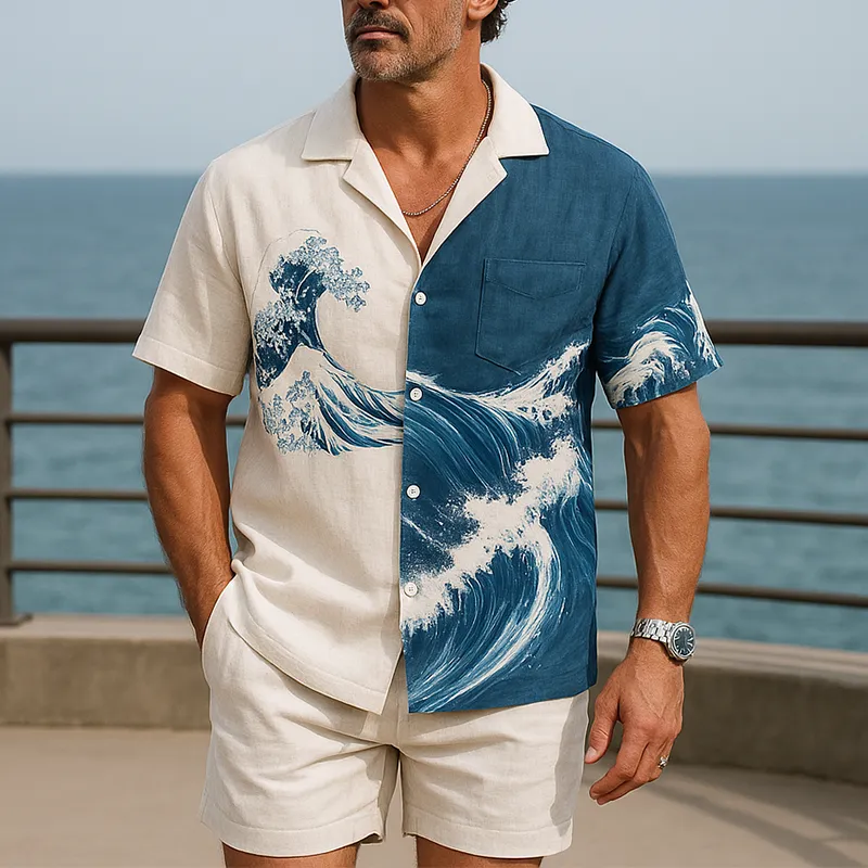 Men's Summer Fashion Wave Printed Cotton And Linen Short Sleeve Shirt MTA1062F7P sold by Manly product image thumbnail 2