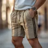Men's Fashion Elegant Striped Cotton Elastic Waist Zipper Decoration Slim Fit Shorts MTA0985F3M sold by Manly