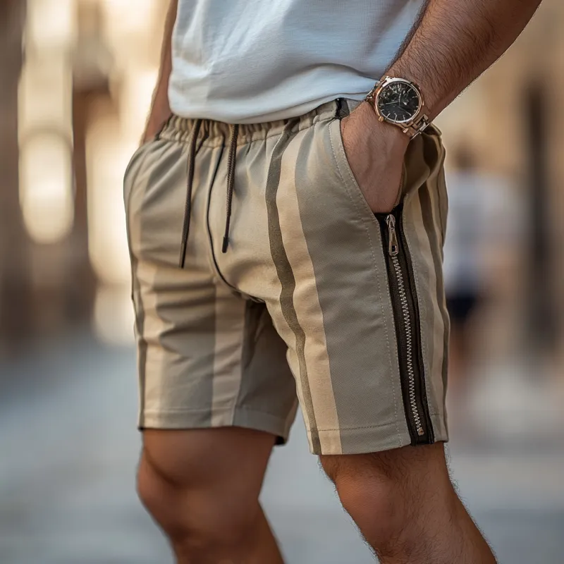 Men's Fashion Elegant Striped Cotton Elastic Waist Zipper Decoration Slim Fit Shorts MTA0985F3M sold by Manly product image thumbnail 3