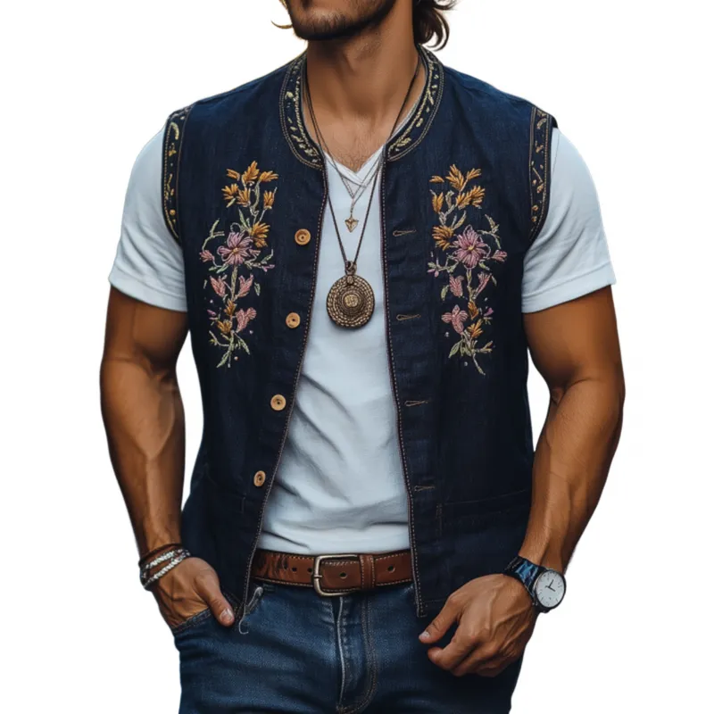Men's Casual Cotton Linen Stand Collar Single-breasted Retro Flower Embroidered Slim Vest MTA1359F0M sold by Manly
