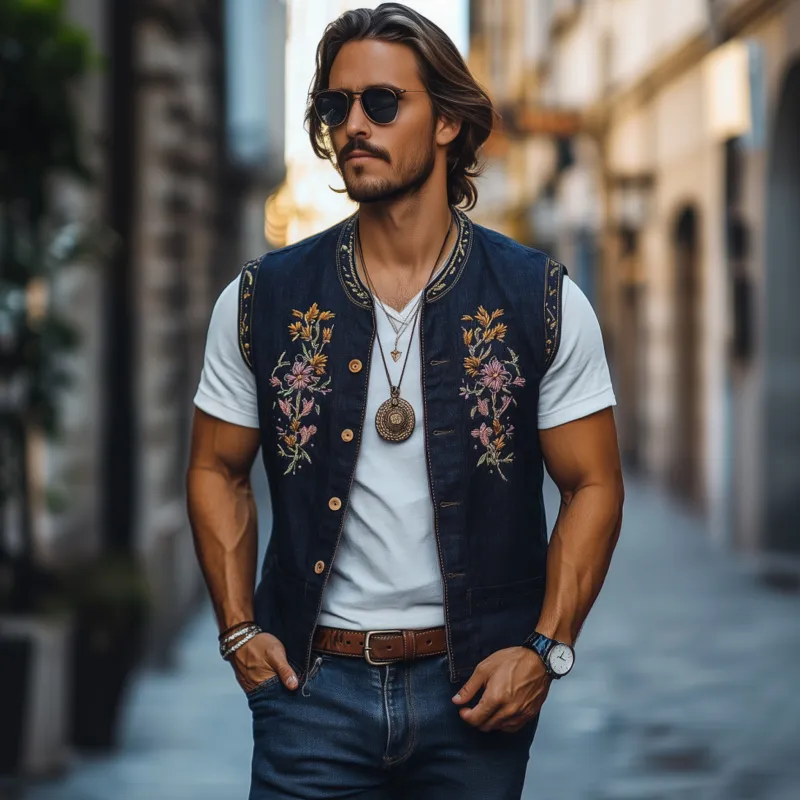 Men's Casual Cotton Linen Stand Collar Single-breasted Retro Flower Embroidered Slim Vest MTA1359F0M sold by Manly product image thumbnail 3