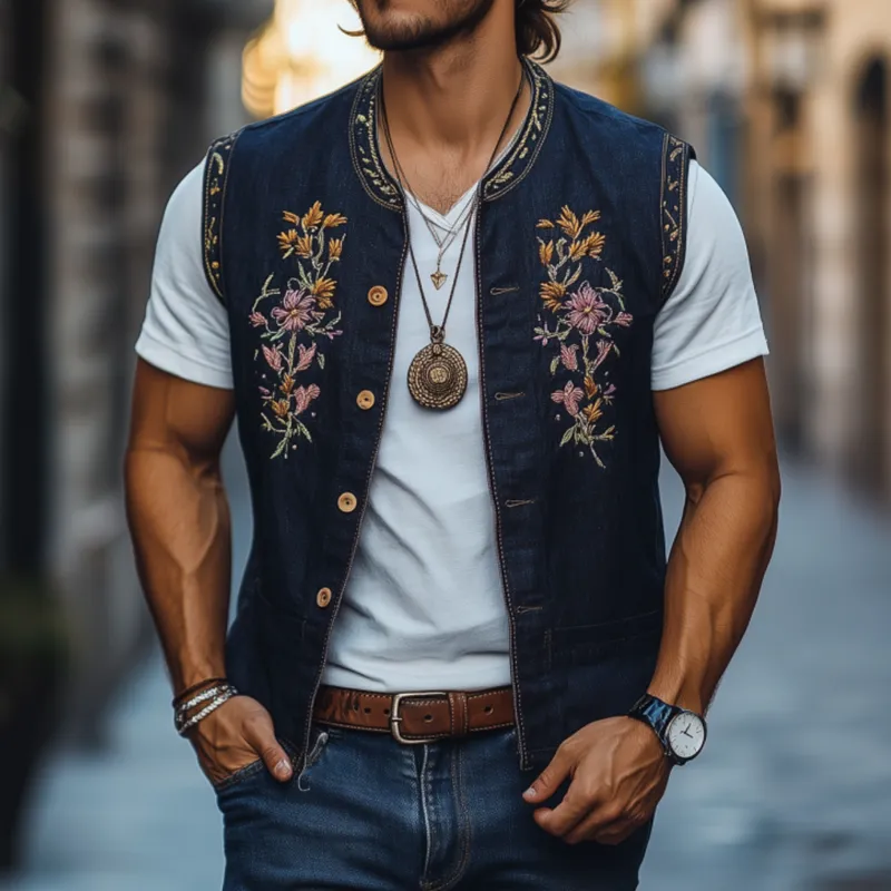Men's Casual Cotton Linen Stand Collar Single-breasted Retro Flower Embroidered Slim Vest MTA1359F0M sold by Manly product image thumbnail 2